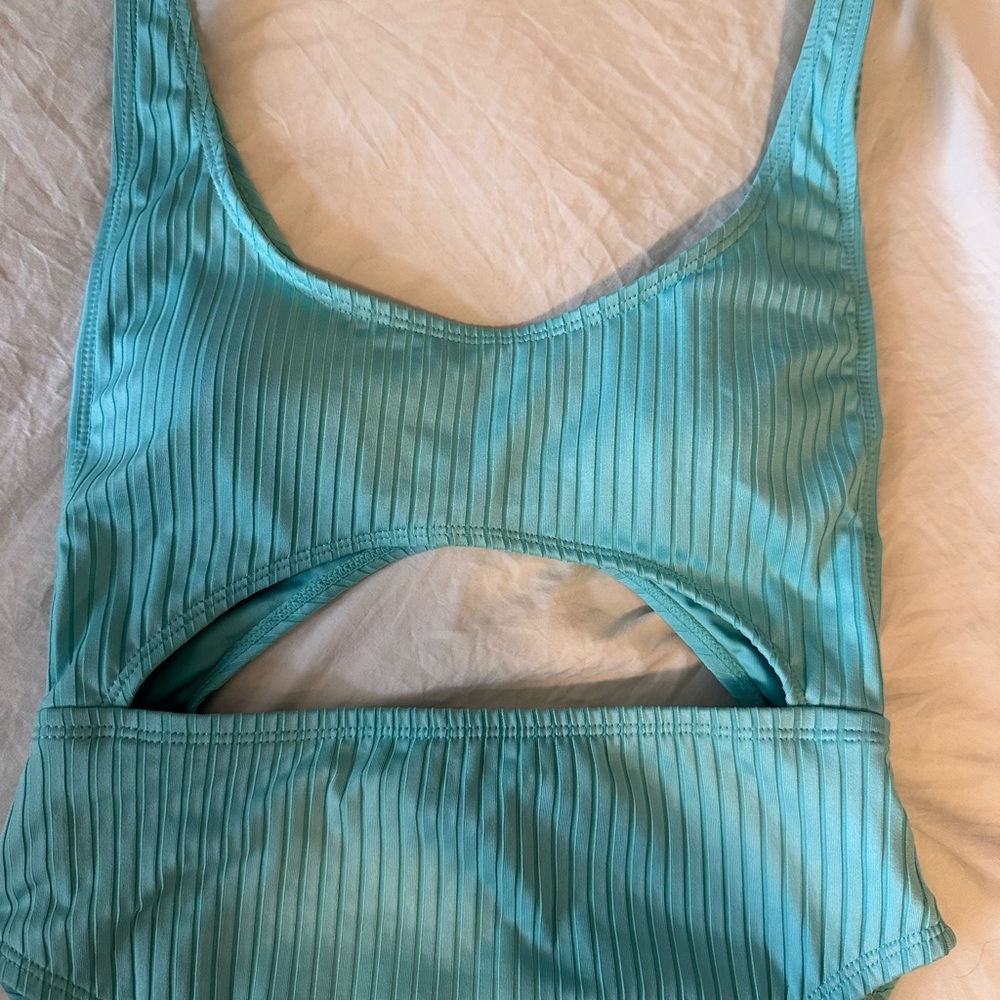BCBGeneration Blue Ribbed Cut-Out One Piece - Picture 3 of 4